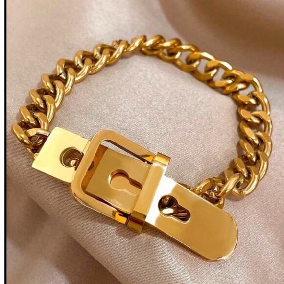 Belt Buckle Gold Chain Bracelet Stainless Steel - Picture 1 of 10